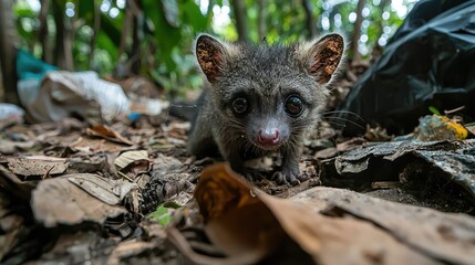 Fototapeta premium Colugo Exploring Forest Floor Amidst Garbage with Wide Angle Lens Capturing Unique Wildlife Encounter