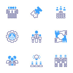 Teamwork icon set. Bold line style. Duotone colors. Editable stroke. togetherness, teamwork, puzzle, medical team, hierarchy, team, leadership, idea, corporate