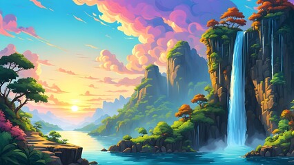 Vibrant illustration of a serene sunset landscape featuring a majestic waterfall cascading into a tranquil lake surrounded by lush green cliffs and colorful foliage.