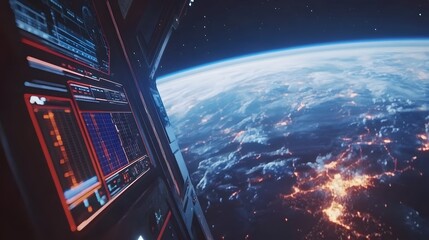 Stunning view of Earth from a spaceship window.  Advanced digital displays show vital signs, creating a futuristic and awe-inspiring scene. Night lights illuminate the planet below.