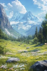 Obraz premium Scenic mountain valley with grazing horses under a blue sky