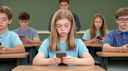 A group of high school students sitting in a classroom, each looking at their smartphone instead of paying attention to the lesson