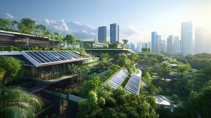 Eco-city rooftop solar panels, green buildings, cityscape, sustainable development