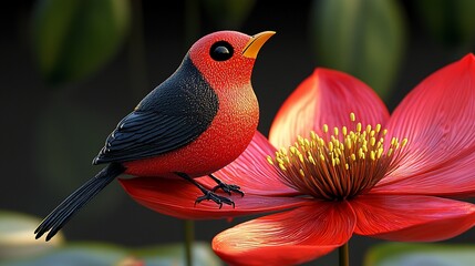 Red Bird Perched On A Vivid Red Flower