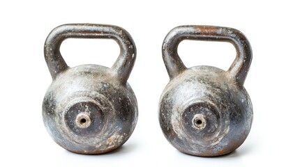 Pair of vibrant workout kettlebells resting cleanly on a seamless and bright surface.