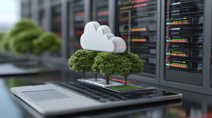 laptop with trees and cloud symbol, representing cloud computing and sustainability. background features server racks, emphasizing technology and nature