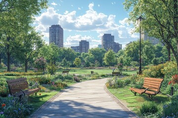 A serene park path surrounded by greenery and city buildings.