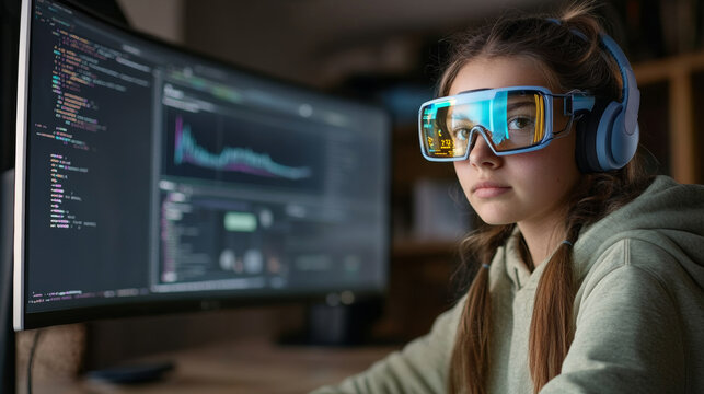 young girl wearing futuristic glasses and headphones, focused on coding on computer screen. environment is tech oriented and modern, showcasing programming elements