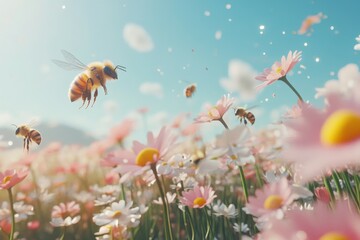 Bees pollinating flowers in a lively spring meadow