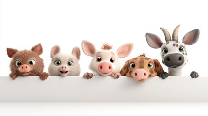Fototapeta premium Adorable Cartoon Farm Animals Peeking Over a White Wall: A Charming and Whimsical Illustration Perfect for Children's Products