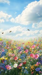 Vibrant wildflower field buzzing with bees in sunny weather