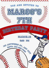 Birthday party invitation template with baseball vector illustration. Birthday boy invitation card design.