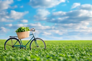 A vintage bicycle with its basket filled, parked in the midst of an endless field of clover under a vast sky