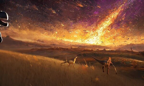 Dinosaur extinction event; fiery meteor impact; prehistoric landscape; apocalyptic scene; concept art