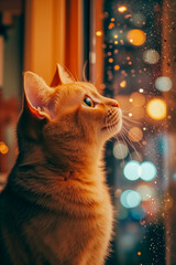A cat looking out of a window at the lights