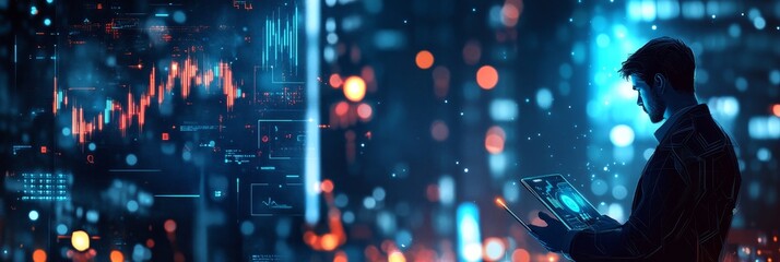 Businessman Analyzing Rising Graph on Tablet, Futuristic Interface Overlays, Blurred City Background