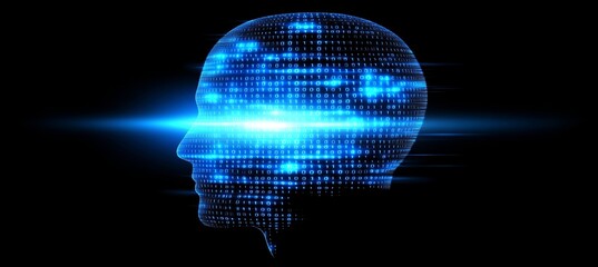 Glowing Human Head Profile Formed by Circuitry and Binary Code, Blue and White on Black Background