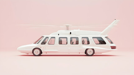 White helicopter car side view, pink background, futuristic transport, travel concept