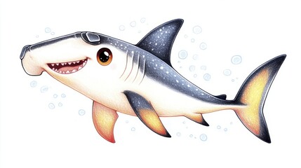 Adorable Cartoon Hammerhead Shark Underwater in Pixel Art Style
