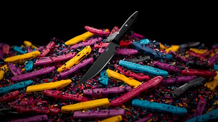 Obraz premium Black Knife on a Pile of Colorful