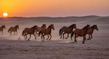 Fototapeta premium Line of Brown Horses Galloping Through the Desert Landscape PNG