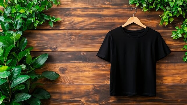 Black TShirt Mockup on Dark Brown Wooden Background with