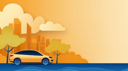 Gold Vehicle in Orange City Sunset Paper Art Illustration