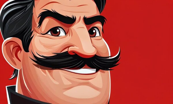 Smiling mustachioed man, red background, cartoon style, avatar use
