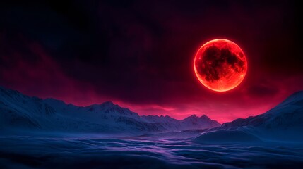 Blood Red Moon Over Snowy Mountains at Night