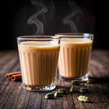 Steaming Masala Chai in Glasses with Cardamom on a Wooden Surface