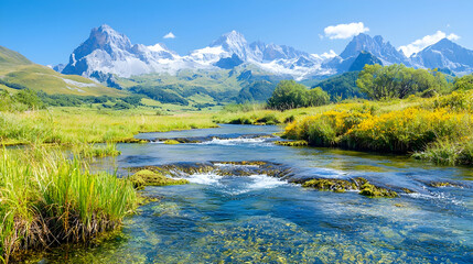 Fototapeta premium Mountain stream flows through alpine meadow, sunny day (2)