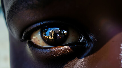 A close up of a person's eye with a reflection of a man and a woman in the reflection