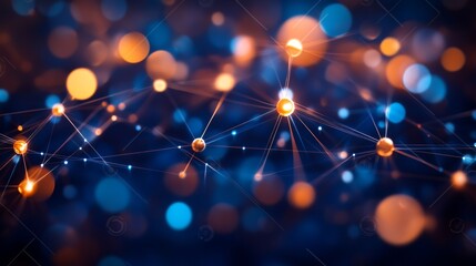 Abstract Network Connections, Glowing Nodes, Bokeh Effect on Blue Background, Digital Communication