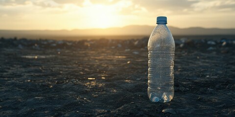 Water bottle standing alone at sunset in a natural setting