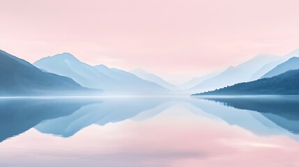 Serene lake reflecting pastel sunrise mountains.