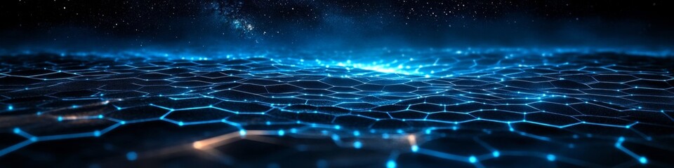 Obraz premium Luminous Hexagon Network in Dark Space- Futuristic Digital Connectivity With Glowing Nodes