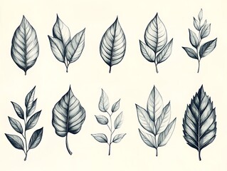 Fototapeta premium Artistic leaf illustrations nature digital artwork minimalist top view botanical