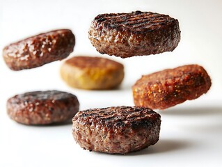 Floating grilled hamburger patties kitchen food photography minimalist close-up