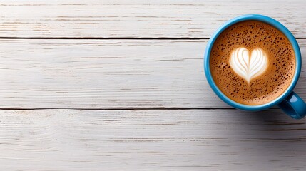 Blue Cup of Latte Art on Wooden Table