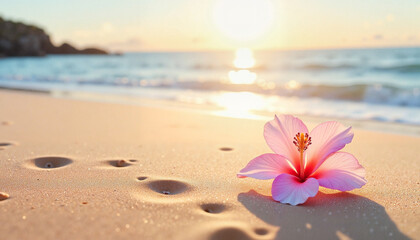 Fototapeta premium Single flower petal on sandy beach at dawn, natural serenity