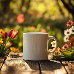 Blank Mug Mockup with a Springtime Garden Background - Generative AI