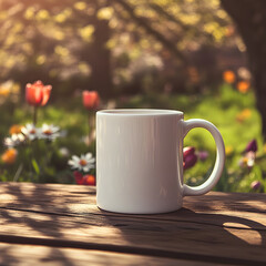 Blank Mug Mockup with a Springtime Garden Background - Generative AI