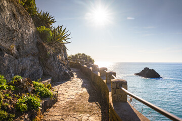 View on the footpath Via dell'Amore in Cinque Terre National Park area, Liguria, Italy....