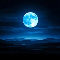 Blue Full Moon Over Dark Mountain Landscape