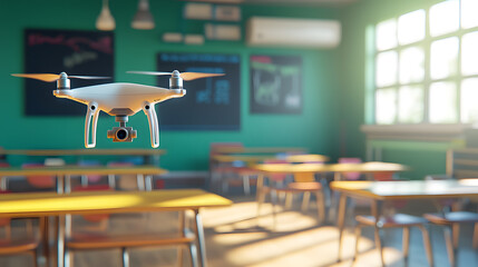 A drone hovers in a bright, empty classroom. Sunlight streams through a large window, illuminating desks and chairs. The scene suggests the use of technology in education.