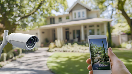 Security camera monitoring a house. A person views live footage on a smartphone.  Modern home security system in action.  Outdoor setting.