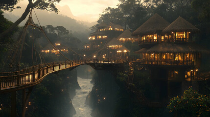Fototapeta premium Jungle resort bridge night scenic view