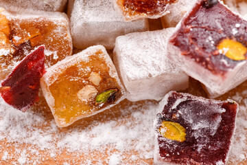 Sweet food Turkish delight, assorted rahat locum in form of cubes with nuts and powdered sugar, traditional food