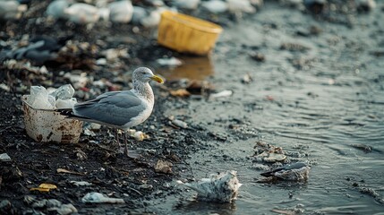Obraz premium Seagull on the Shoreline Amongst Debris and Garbage in a Natural Habitat Wide Angle Perspective