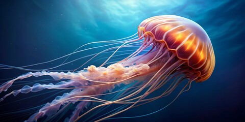 Fototapeta premium Vibrant Jellyfish Gracefully Swimming in Clear Ocean Waters